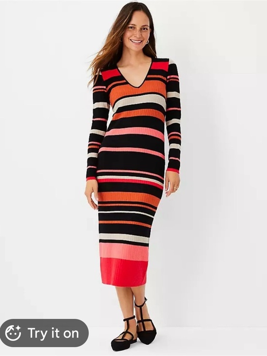Ann Taylor Dresses & Skirts - Ann Taylor Striped V-Neck Maxi Dress in Black, Pink & Orange